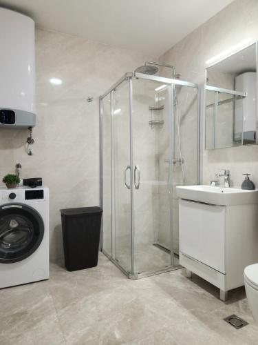 a bathroom with a shower and a sink and a washing machine at Green Apartments Podgorica With Garage in Podgorica