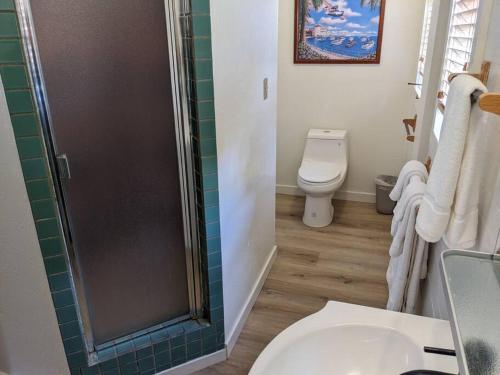 a bathroom with a toilet and a glass shower at Surfmen's Cottage - Historic Coast Guard property in Point Arena
