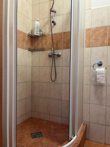 a bathroom with a shower with a glass door at 4 May Plaza in Bratislava