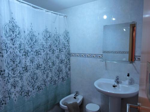 a bathroom with a sink and a shower curtain at Apartamento casco histórico de Calatayud in Calatayud