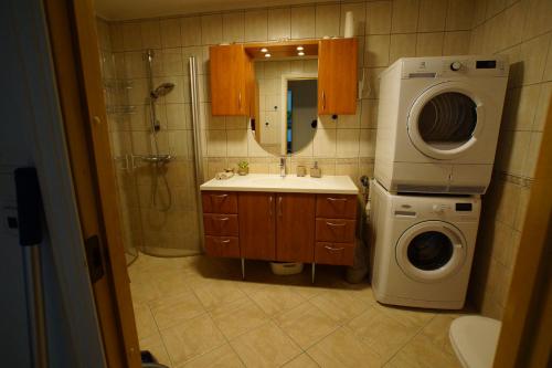 a bathroom with a sink and a washing machine at Cozy Room with Garden on Askøy Island, Close to Bergen in Askøy