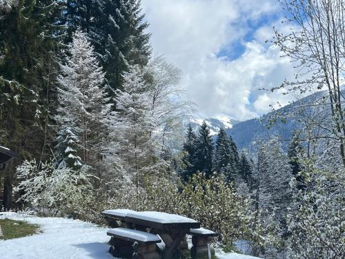 a picnic bench sitting in the snow in the mountains at Maso Giulia in Pieve Tesino