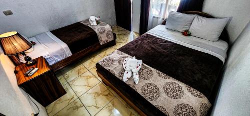 a small bedroom with two beds and a lamp at Arenal Poshpacker in Fortuna