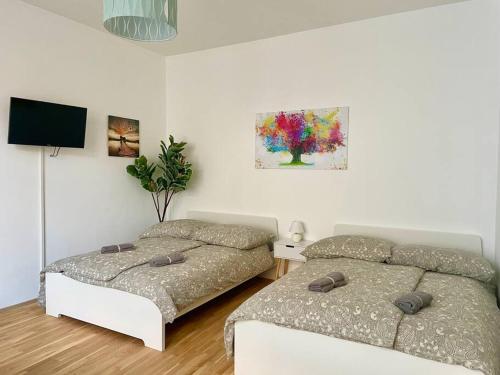 1 Schlafzimmer mit 2 Betten und einem TV an der Wand in der Unterkunft Quiet 60 m2 Apartment with Free Parking in Wien