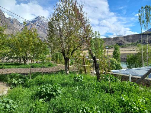 a garden with trees and mountains in the background at A cosy House with a wonderful Garden in Khorog