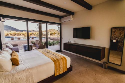 a bedroom with a large bed and a flat screen tv at Hacienda Las Flores Valle de guadalupe in El Porvenir