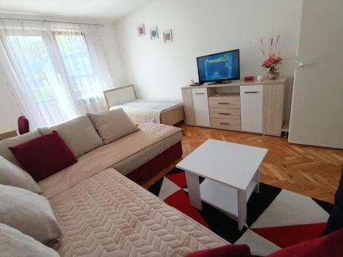 een woonkamer met een bank en een tv bij Apartman "Plitvice and You" in Plitvička Jezera