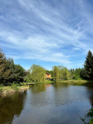 a view of a lake with a house in the distance at Siedlisko Julitkowo in Człopa