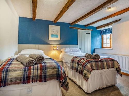 2 łóżka w pokoju z niebieskimi ścianami w obiekcie 3 Bed in Launceston 36820 w mieście Linkinhorne