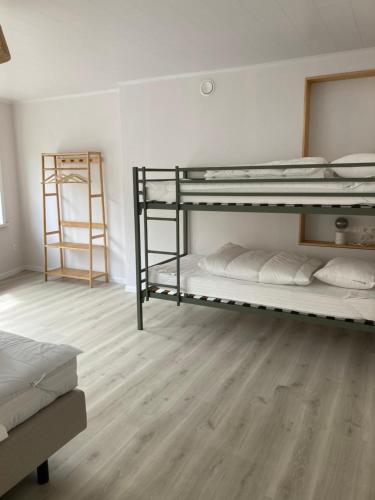 two bunk beds in a room with a wooden floor at Gaston vakantiehuis in Geraardsbergen