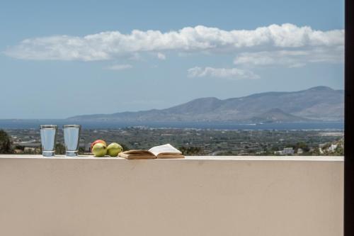 a table with books and glasses and fruit on a ledge at Gavriella House in Mélanes