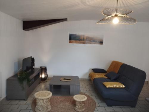 een woonkamer met een blauwe bank en een tv bij Pavatou in Aurillac