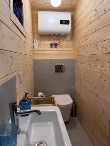 mała łazienka z umywalką i toaletą w obiekcie Drewniany Domek BB Nad Rzeką w mieście Powrożnik