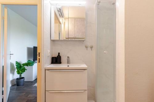 une salle de bain blanche avec un lavabo et une douche dans l'établissement Appartement T2 Toulouse - 47m2 - Parking gratuit & wifi, à Toulouse