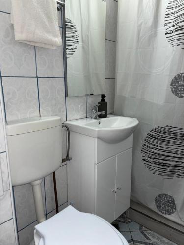 a white bathroom with a toilet and a sink at Kiadó apartman in Borsec