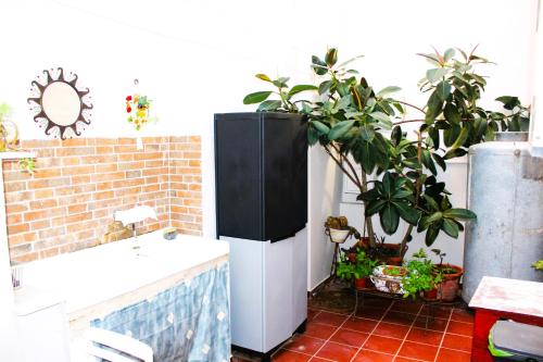 ein Bad mit einem schwarz-weißen Kühlschrank und Pflanzen in der Unterkunft La Terrazza sul Tempio in Brindisi