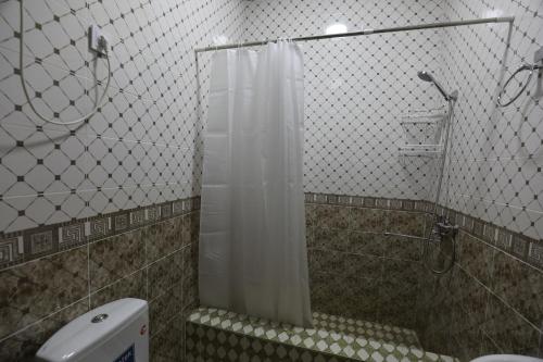 La salle de bains est pourvue d'une douche, de toilettes et d'un lavabo. dans l'établissement Boysun palace, à Baysun