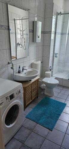 a bathroom with a washing machine and a sink at Ferienwohnung Hohenlimburg in Hagen