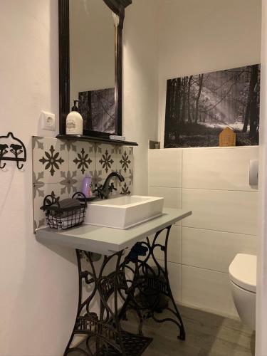 a bathroom with a sink and a toilet at Haus Finchen - Alte Näherei in Hückelhoven