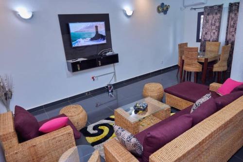 salon z kanapą i telewizorem w obiekcie Akouma immo w mieście Emana