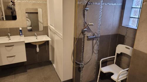 a bathroom with a shower and a chair in it at charmant appartement in Charency-Vezin