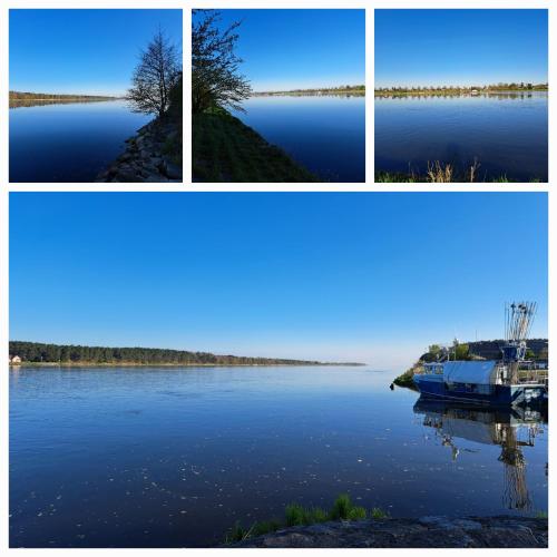 four pictures of a lake with a boat in the water at Mickiewiczówka in Nickelswalde