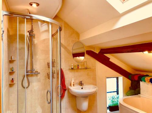 a bathroom with a shower and a sink and a toilet at Squirrel Barn in Milwich