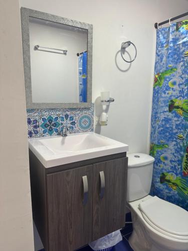 een badkamer met een wastafel, een toilet en een spiegel bij Leonor’s Guest House in Providencia