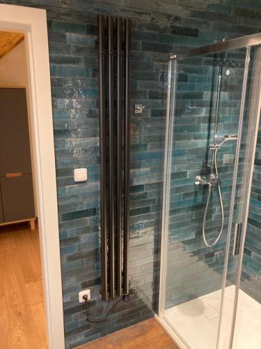 a shower in a room with a blue brick wall at Stodola 63 in Pacov