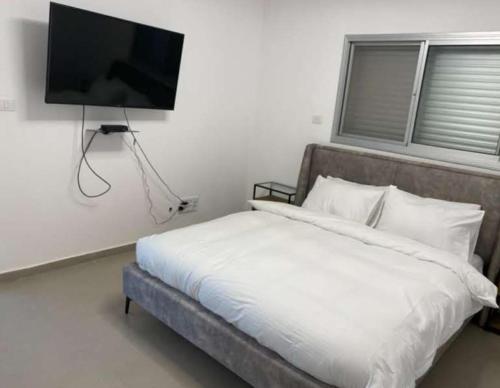 a bedroom with a bed with a flat screen tv on the wall at וילה הנסיכה ‏‏ in Mitzpe Ramon