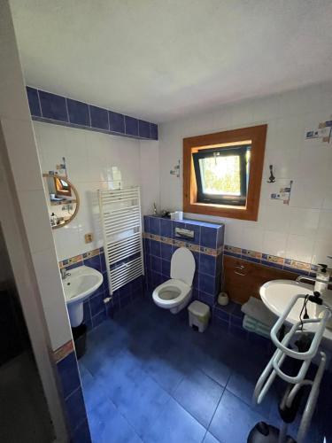 a blue tiled bathroom with a toilet and two sinks at Chata Valika Jezersko in Jezersko