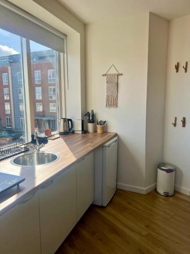 cocina con fregadero y ventana grande en Pure Studio, en Zandvoort