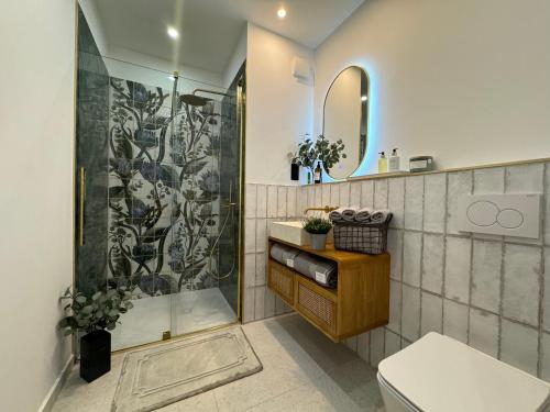 塞格德CosmoLux的带淋浴和卫生间的浴室