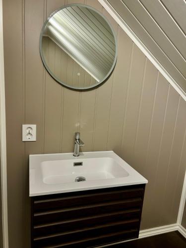 a bathroom with a sink and a mirror at Magnar in Etnesjøen