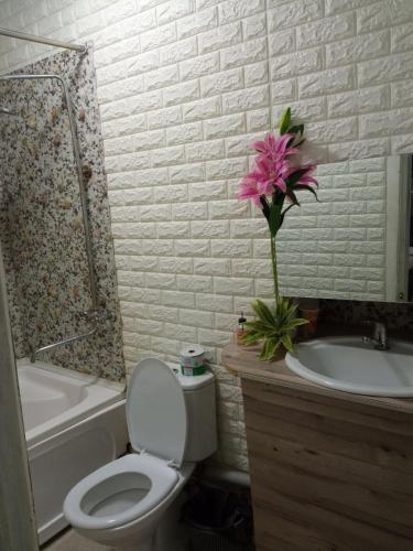 een badkamer met een toilet, een wastafel en een roze bloem bij apartment camfort small in Tasjkent