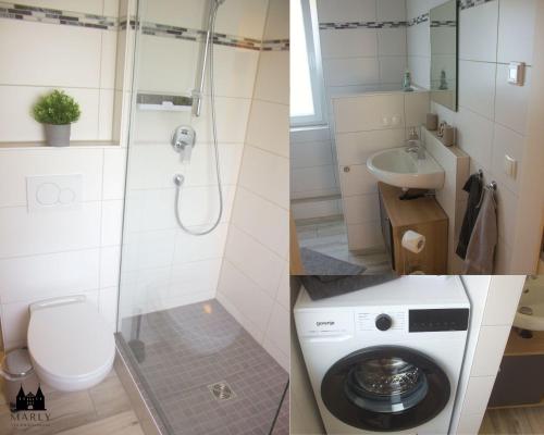two pictures of a bathroom with a toilet and a washing machine at Ferienwohnung Marly in Lübeck