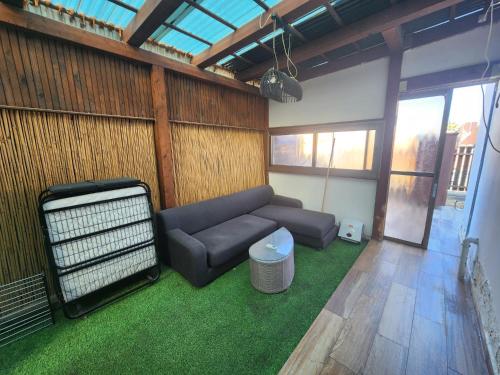 een woonkamer met een bank en groen tapijt bij מיני צימר רמון in Mitzpe Ramon