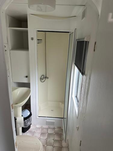 a small bathroom with a shower and a sink at Stacaravan 130 De Tien Heugten in Schoonloo