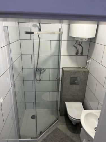 a bathroom with a glass shower and a toilet at Jula - apartamenty w Kudowie-Zdrój in Kudowa-Zdrój
