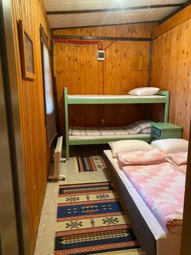 two beds in a room with wooden walls at Cottages of Nišići in Sarajevo