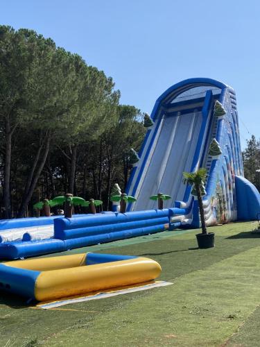 un toboggan aquatique gonflable bleu et jaune dans un parc dans l'établissement les gites du parc animalier de ginasservis, à Ginasservis