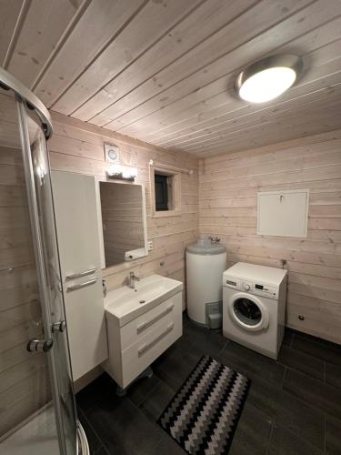 een badkamer met een wastafel en een wasmachine bij Holiday apartment close to Kjerag in Tjørhom