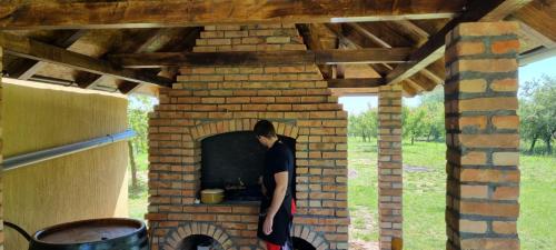 a person standing in front of a brick oven at Casa Horizont in Slankamenački Vinogradi