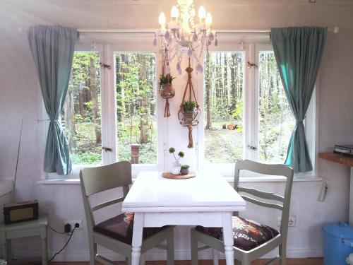 Una mesa y sillas blancas en una habitación con ventanas. en BAUWAGEN Lilly in Hemmoor, en Hemmoor