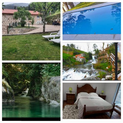 a collage of pictures of a river and a bedroom at Casita do jardim in Ponte de Lima