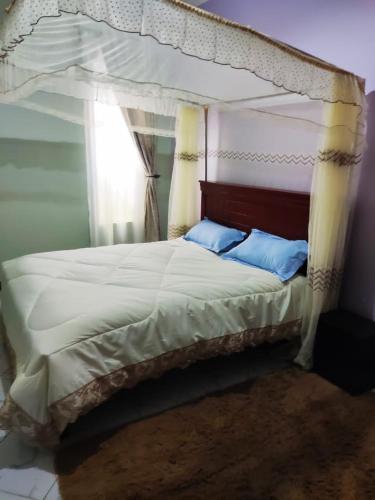 a bedroom with a canopy bed with blue pillows at VaanaKabod in Kampala