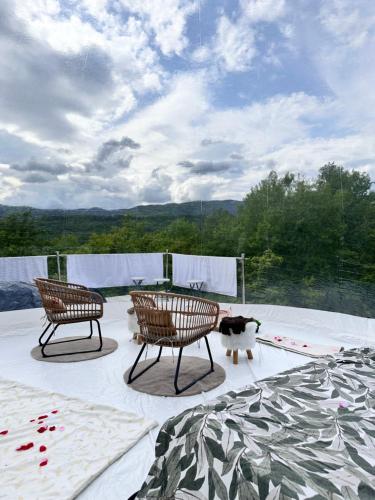 un patio avec deux chaises et un chat assis sur un patio dans l'établissement BULLE INSOLITE ATTRAPE REVE, à Thoard