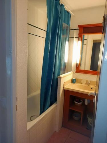 La salle de bains est pourvue d'un rideau de douche bleu et d'un lavabo. dans l'établissement Appart' dans les pins, Océan, lac, piscine, à Lacanau