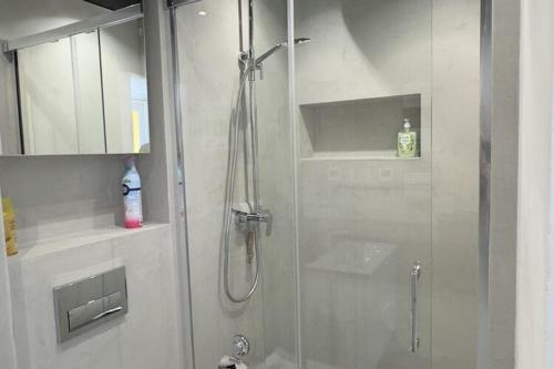 a bathroom with a shower with a glass door at Holiday Home on Lake Marchowo with Terrace in Koleczkowo