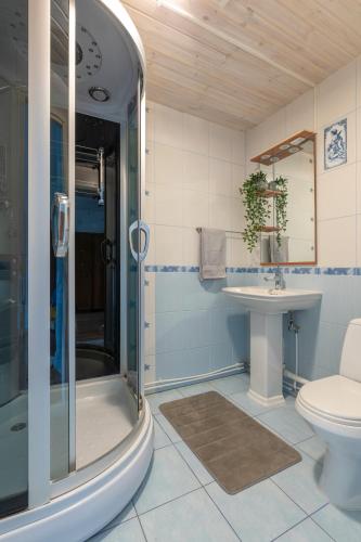 a bathroom with a shower and a toilet and a sink at Kursi Summer Manor in Laasme
